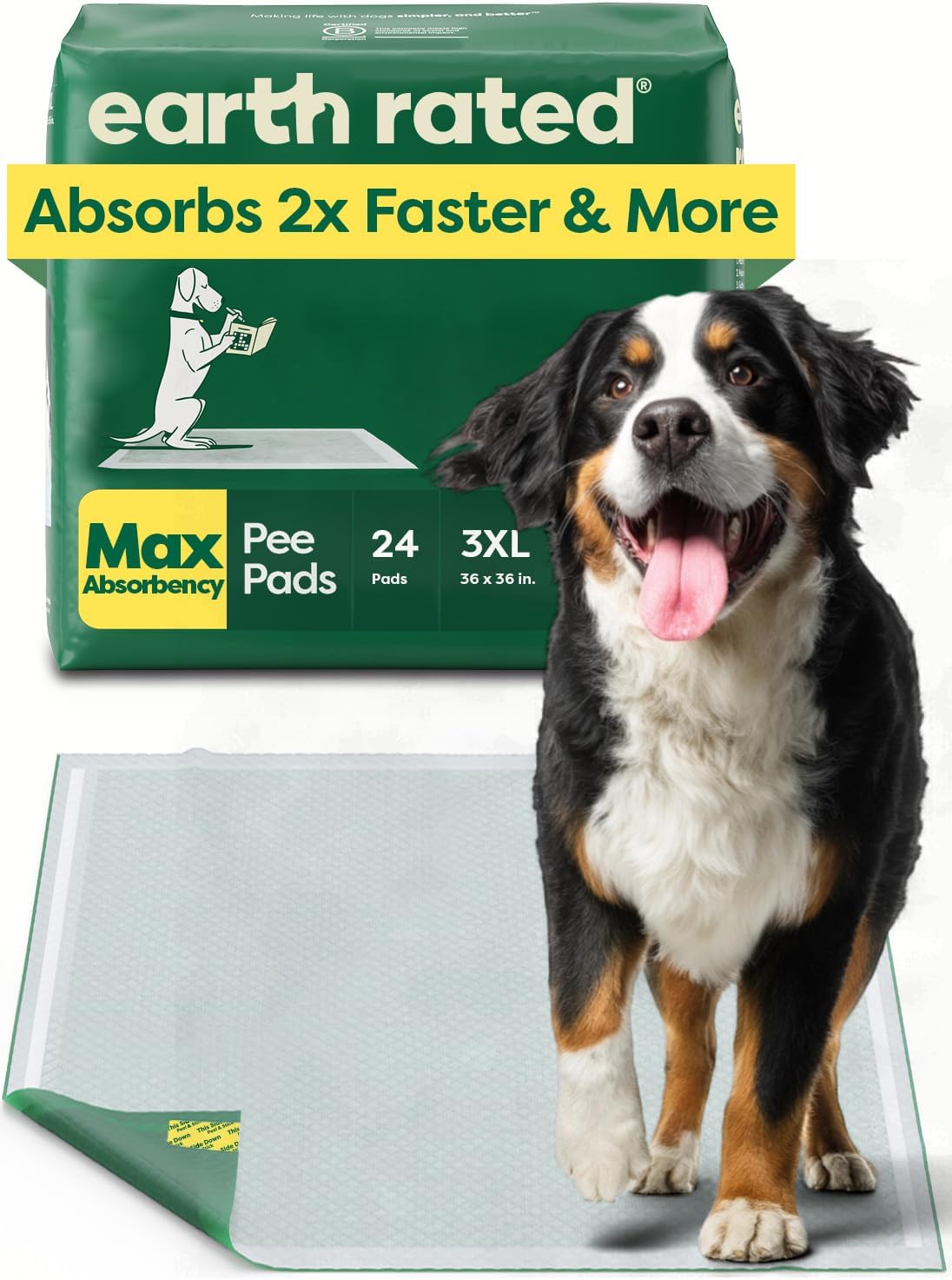 Earth Rated Max Absorbency Puppy Pee Pads for Dogs Absorbs 2X Faster & 2X More, Leak-Proof, Odor Control Potty Training, Unscented, Large, 22” x 23”, 40 Count