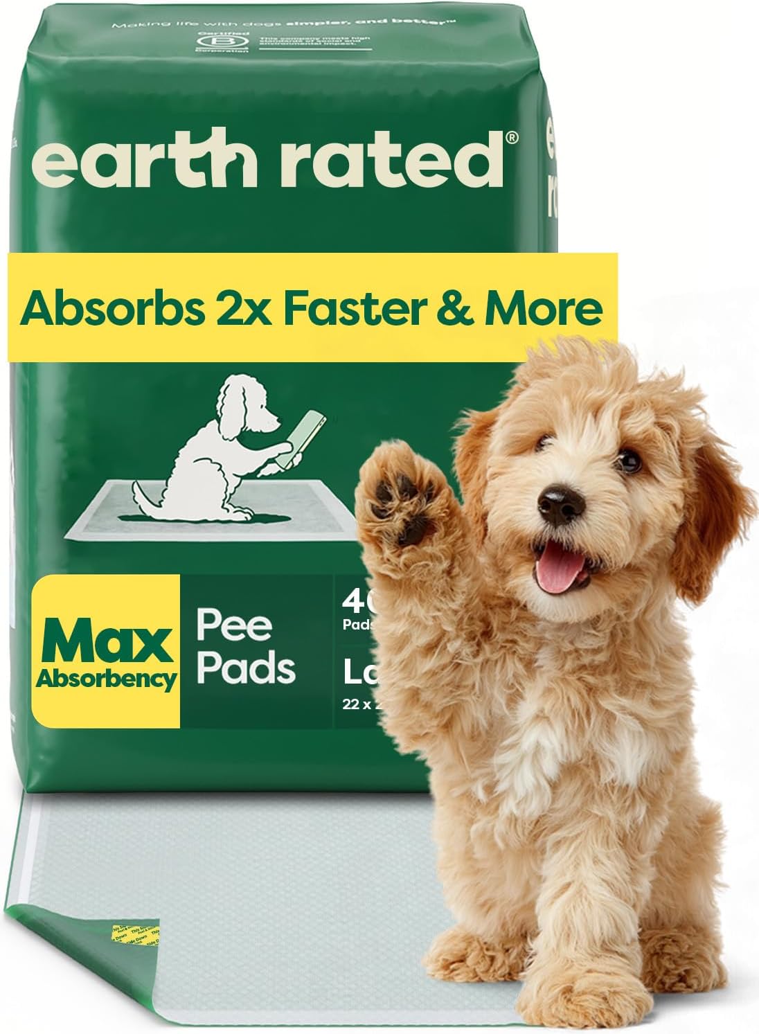 Earth Rated Max Absorbency Puppy Pee Pads for Dogs Absorbs 2X Faster & 2X More, Leak-Proof, Odor Control Potty Training, Unscented, Large, 22” x 23”, 40 Count